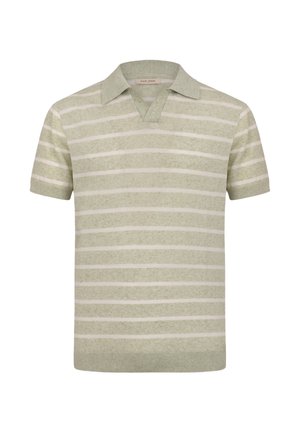 Polo a maniche corte in maglia verde chiaro con sottili strisce orizzontali bianche e colletto e polsini a coste.