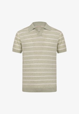 Lysegrøn kortærmet strikket polo med bløde hvide vandrette striber og ribbet krave og manchetter.
