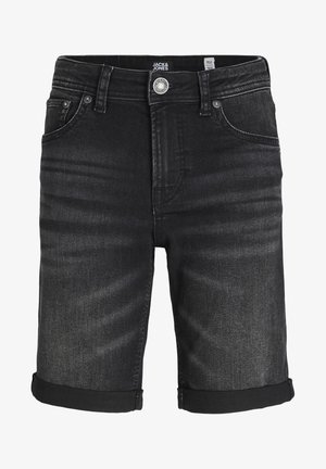 Schwarze Denim-Shorts mit weicher Textur, vorne mit Knopfverschluss, fünf Taschen und umgeschlagenem Saum. Verfügt über ein dezentes, verblasstes Muster.