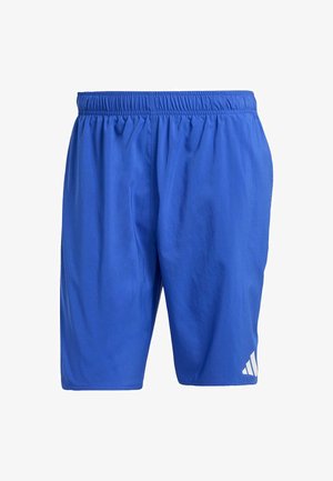 Blue athletic shorts made of lightweight fabric with an elastic waistband. Features a logo on the lower left side in white.