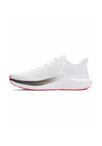 Sportschoenen met een witte mesh bovenkant, zilveren tussenzool en een rode buitenzool. Voorzien van ronde veters en een gevoerde kraag voor comfort.