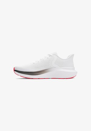 Sportschoenen met een witte mesh bovenkant, zilveren tussenzool en een rode buitenzool. Voorzien van ronde veters en een gevoerde kraag voor comfort.