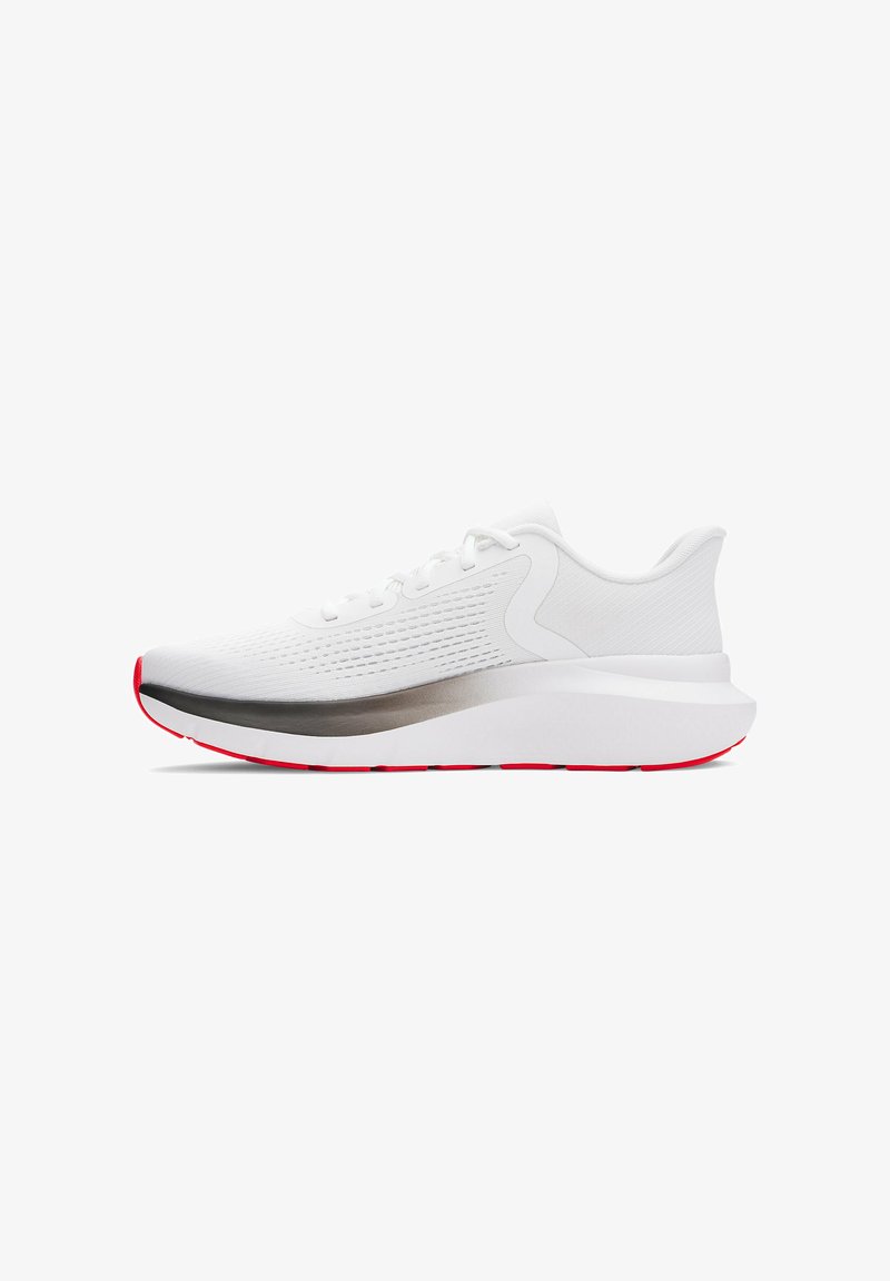Sport shoe with a white mesh upper, silver midsole, and a red outsole. Features round laces and a cushioned collar for comfort.