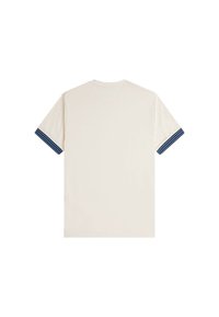 Camiseta de manga corta en algodón crema con acentos a rayas azules y moradas en los puños. Espalda lisa con escote redondo y corte relajado.