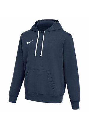 Marineblauwe Nike hoodie met witte trekkoorden, kangaroovak en witte Nike swoosh-logo op de linkerborst.