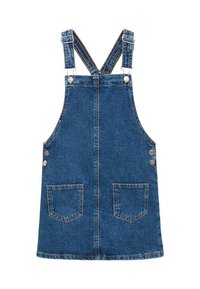 Denim overallklänning i mörkblått, med axelremmar, knappdetaljer framtill och två framfickor med tvättad textur.