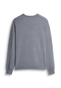 Maglione grigio con maniche lunghe, polsini a coste e scollatura rotonda. Realizzato in tessuto morbido; presenta una texture liscia e cuciture piatte.