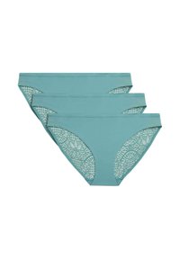 Turquoise katoenen slipje met een kanten inzet aan de zijkanten. Bestaat uit drie delen, de voorkant heeft een gladde textuur en een elastische tailleband.