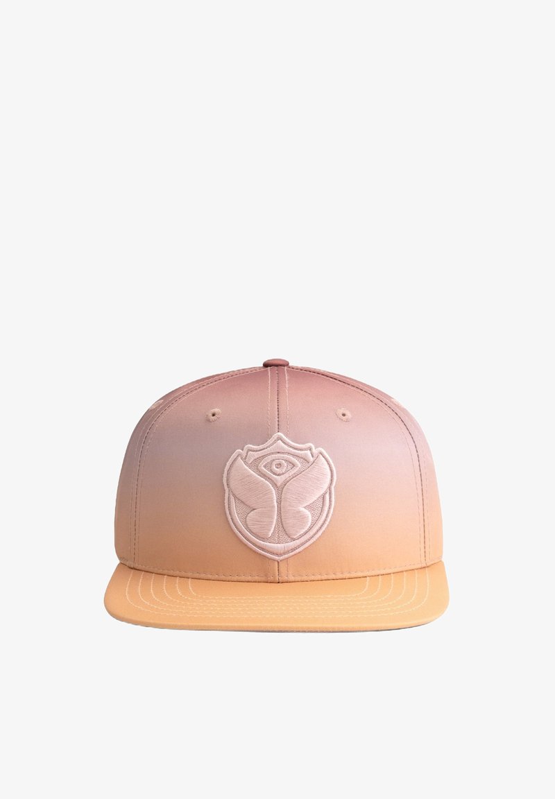 Casquette avec un design dégradé, passant d'un rose clair à un orange. Présente un logo brodé centré sur le panneau avant.