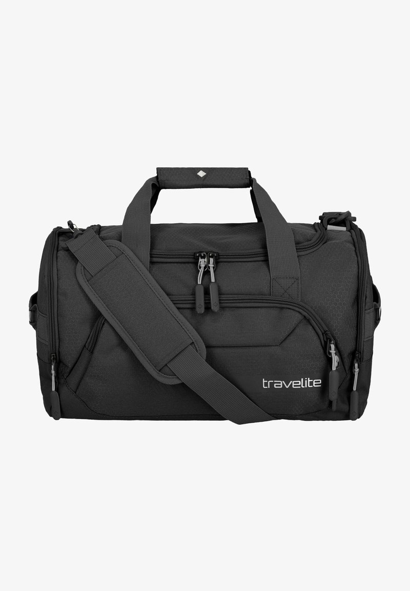 Borsone da viaggio nero realizzato in tessuto resistente, dotato di due tasche con zip, manici imbottiti e una tracolla regolabile. Logo visibile.