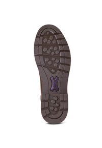 Bruine rubberen schoenenzool met een hexagonaal patroon, gebogen randen en een gecentreerde paarse accent. Textuur voor grip en duurzaamheid.
