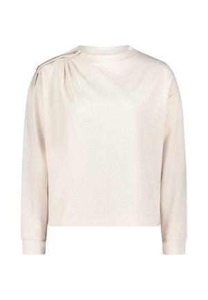 Helles rosa, geripptes Langarmshirt mit Rundhalsausschnitt und einer plissierten Akzentuierung auf der linken Schulter, mit dekorativen Knöpfen.