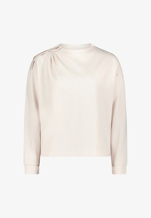 Jasnoróżowa, prążkowana bluzka z długimi rękawami, okrągłym dekoltem i plisowanym akcentem na lewym ramieniu, z dekoracyjnymi guzikami.