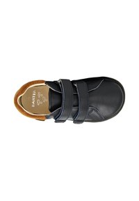 Scarpe in pelle nera per bambini con due cinturini regolabili a strappo e collare in suede marrone, viste dall'alto.