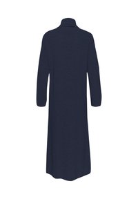 Rochie lungă de culoare bleumarin, cu guler înalt și mâneci lungi, având o textură netedă și o croială lejeră, care se termină sub genunchi.