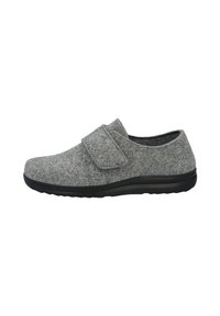 Gray felt slipper with a wide Velcro strap, rounded toe, and black rubber sole. Smooth texture, low-profile design.适用于室内使用。