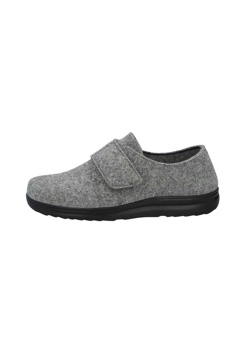 Gray felt slipper with a wide Velcro strap, rounded toe, and black rubber sole. Smooth texture, low-profile design.适用于室内使用。