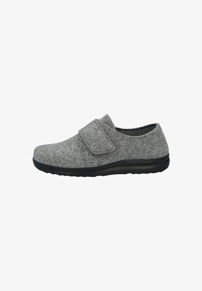 Gray felt slipper with a wide Velcro strap, rounded toe, and black rubber sole. Smooth texture, low-profile design.适用于室内使用。