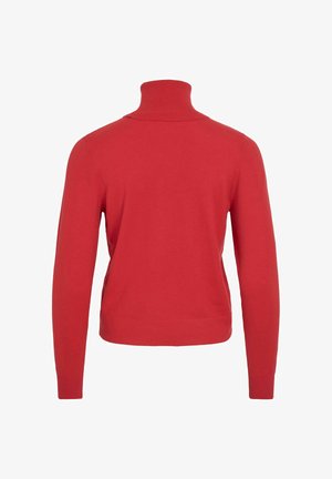 Punane kõrge kaelusega sviiter pehmest kangast. Liibuv disain pikkade varrukatega, soonikkoes kaelus ja siledat tekstuuri. Ühtlane, ilma mustrite või aksessuaarideta.