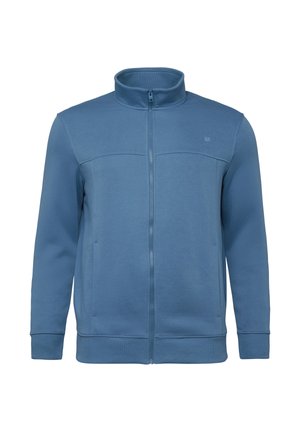 Blaue Jacke mit durchgehendem Reißverschluss, hohem Kragen, langen Ärmeln, gerippten Bündchen und Saum sowie Seitentaschen, dargestellt vor weißem Hintergrund.
