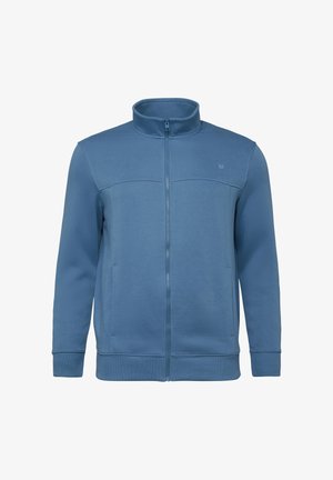 Blaue Jacke mit durchgehendem Reißverschluss, hohem Kragen, langen Ärmeln, gerippten Bündchen und Saum sowie Seitentaschen, dargestellt vor weißem Hintergrund.