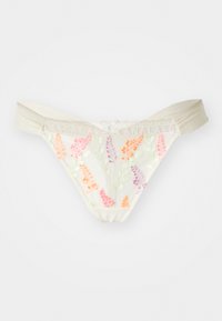 Ivory string met bloemenborduursel in roze, oranje en paars. Satijnen tailleband en gegolfde randen, met een transparant ontwerp.