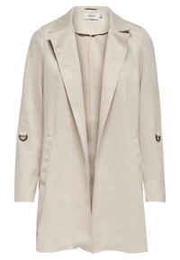 Beige knälång kappa med öppen framsida, slagkrage, långa ärmar med små metallringar på remmarna och två sidfickor.