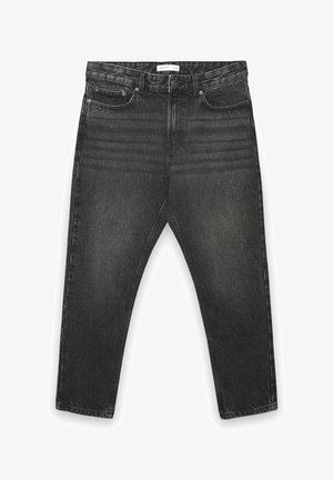 Jeans in denim nero con taglio dritto, dotati di tasche frontali, chiusura con bottoni e dettagli di scolorimento sottili. Tessuto strutturato, senza motivi.