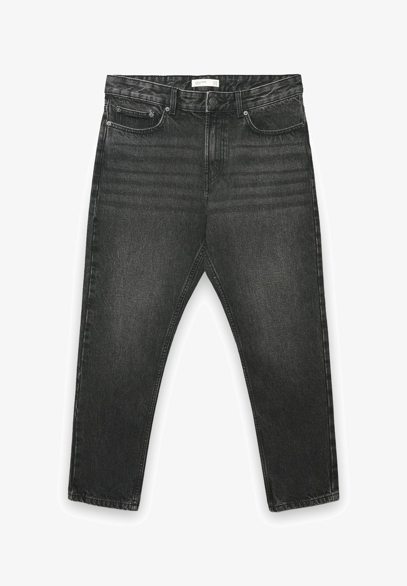 Jeans in denim nero con taglio dritto, dotati di tasche frontali, chiusura con bottoni e dettagli di scolorimento sottili. Tessuto strutturato, senza motivi.