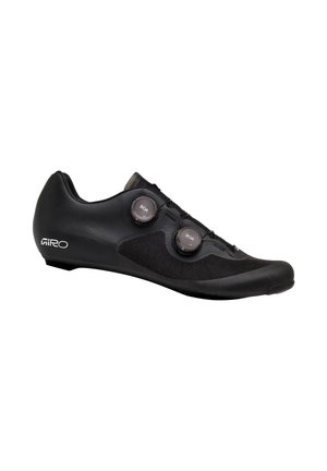 Zapatilla de ciclismo de carretera negra con dos cierres de dial BOA y diseño aerodinámico de perfil bajo.