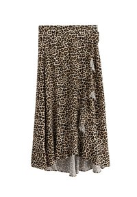 Gonna con stampa leopardata caratterizzata da un orlo arricciato, realizzata in un tessuto morbido con un design fluttuante. I colori includono beige, marrone e dettagli neri.
