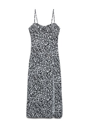 Abito midi bianco con macchie nere irregolari, spalline sottili, scollo a cuore, dettaglio annodato davanti e spacco laterale.