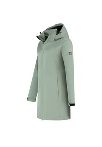 Imperméable vert clair avec capuche, fermeture éclair et poches latérales. Comprend un patch logo sur la manche et des accents noirs.