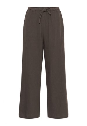Pantalon marron ample à jambes larges avec taille élastique et cordon ajustable, fabriqué en tissu texturé.