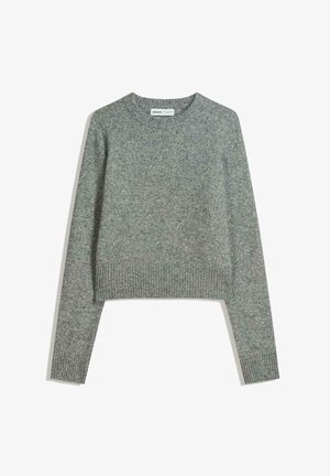 Hellgrauer, taillierter Pullover aus weichem, strukturiertem Material. Verfügt über lange Ärmel, einen gerippten Ausschnitt und einen gerippten Saum. Einfaches Design.