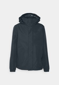 Veste imperméable pour homme de couleur bleu foncé avec une capuche, des poignets élastiques, une fermeture éclair intégrale et un logo subtil sur la poitrine. Tissu lisse et léger.