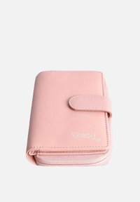Pink leather wallet with a textured surface, snap closure, and white branding. Compact rectangular shape with stitched detailing.