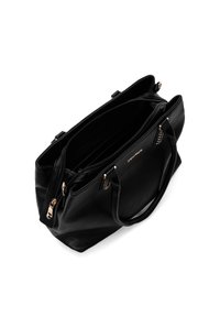 Borsa a tracolla nera in pelle con doppie maniglie superiori, scomparti con cerniera, superficie testurizzata e dettagli in metallo color oro.