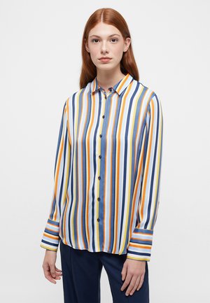 Button-up shirt features vertical stripes in blue, orange, yellow, and white. Made from a smooth fabric with a relaxed fit and long sleeves.