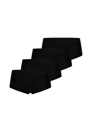 Cztery czarne bezszwowe bokserki w stylu boyshort ułożone w przesuniętym rzędzie na białym tle.