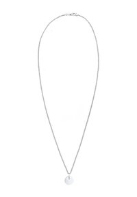 Silver necklace with a fine, twisted chain and a small circular pendant. Pendant has a smooth surface and a minimalist design.