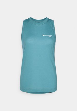 Sleeveless teal active tank top with a textured finish. Features reinforced seams and a logo detail on the front left side.