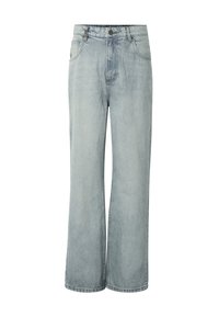 Jeansy z jasnym praniem, o wysokim stanie i szerokich nogawkach, z przodem na guziki i suwak oraz kieszeniami bocznymi i tylnymi.