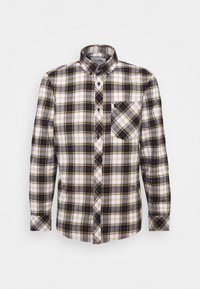 Camicia a maniche lunghe a quadri, bianca, nera e gialla, con colletto button-down, taschino frontale e diverse fantasie a quadri.