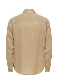 Chemise en lin beige à manches longues avec poignets boutonnés, col classique et empiècement droit au dos, vue de dos sur fond blanc.