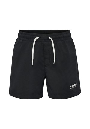 Sorte sportsshorts lavet af letvægtsstof med elastisk taljebånd, hvid snor og en lille hvid logo.