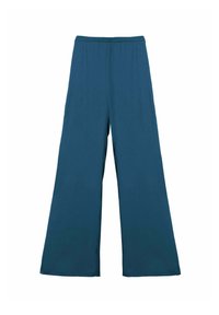 Pantalones de pierna ancha en tejido azul oscuro con una textura suave y una cinturilla elástica. Sin bolsillos visibles ni detalles adicionales.