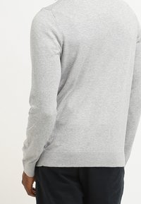 Suéter de punto gris claro con mangas largas y un dobladillo acanalado. Presenta un cuello redondo y una textura suave.