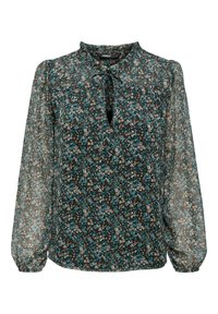 Blouse fleurie en tissu transparent avec un motif vert, marron et bleu, manches longues avec poignets élastiques et détail d'encolure à ouverture en forme de goutte.