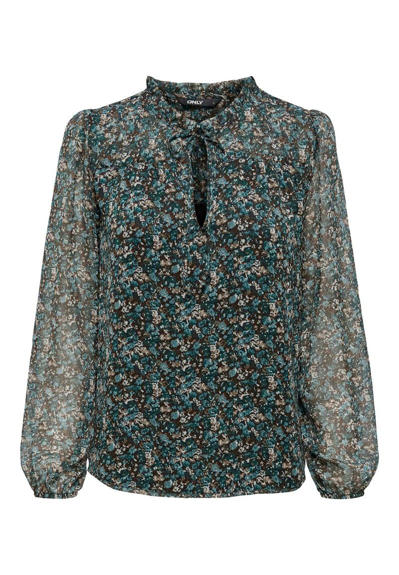 Blouse fleurie en tissu transparent avec un motif vert, marron et bleu, manches longues avec poignets élastiques et détail d'encolure à ouverture en forme de goutte.